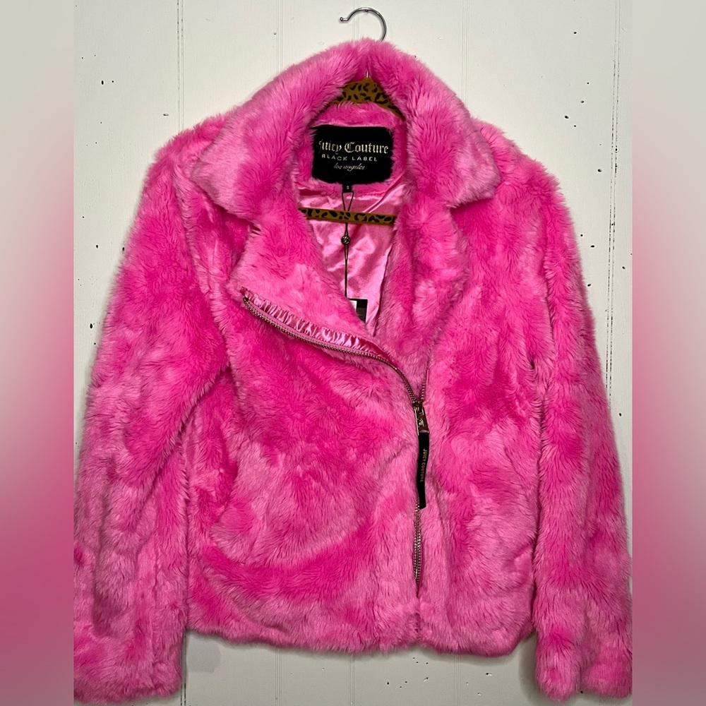 Y2K JUICY COUTURE black label day glo pink Moto faux fur coat SIZE SMALL